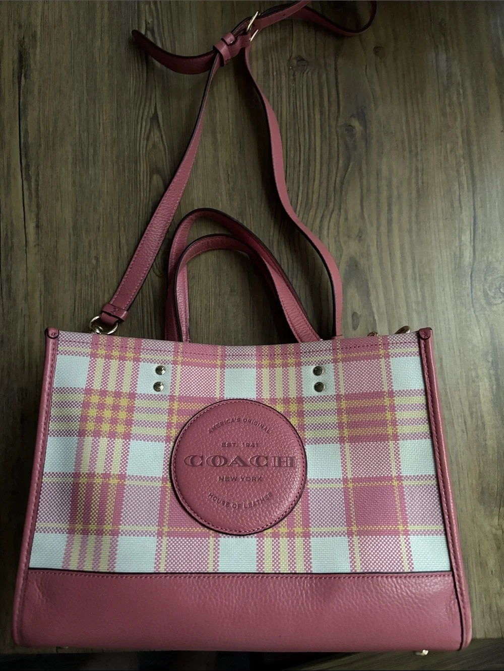 Coach Pink Plaid Canvas Tote with Leather Trim